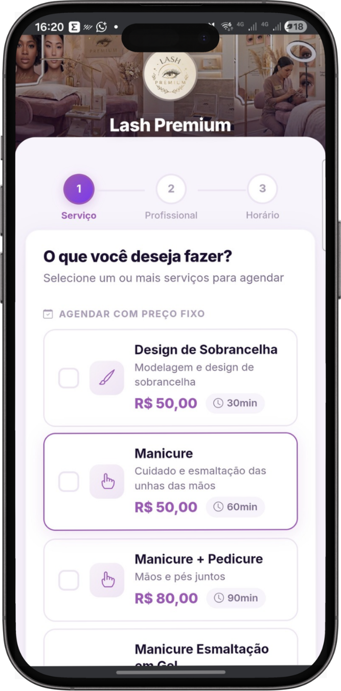 Escolha de serviço e horário no celular