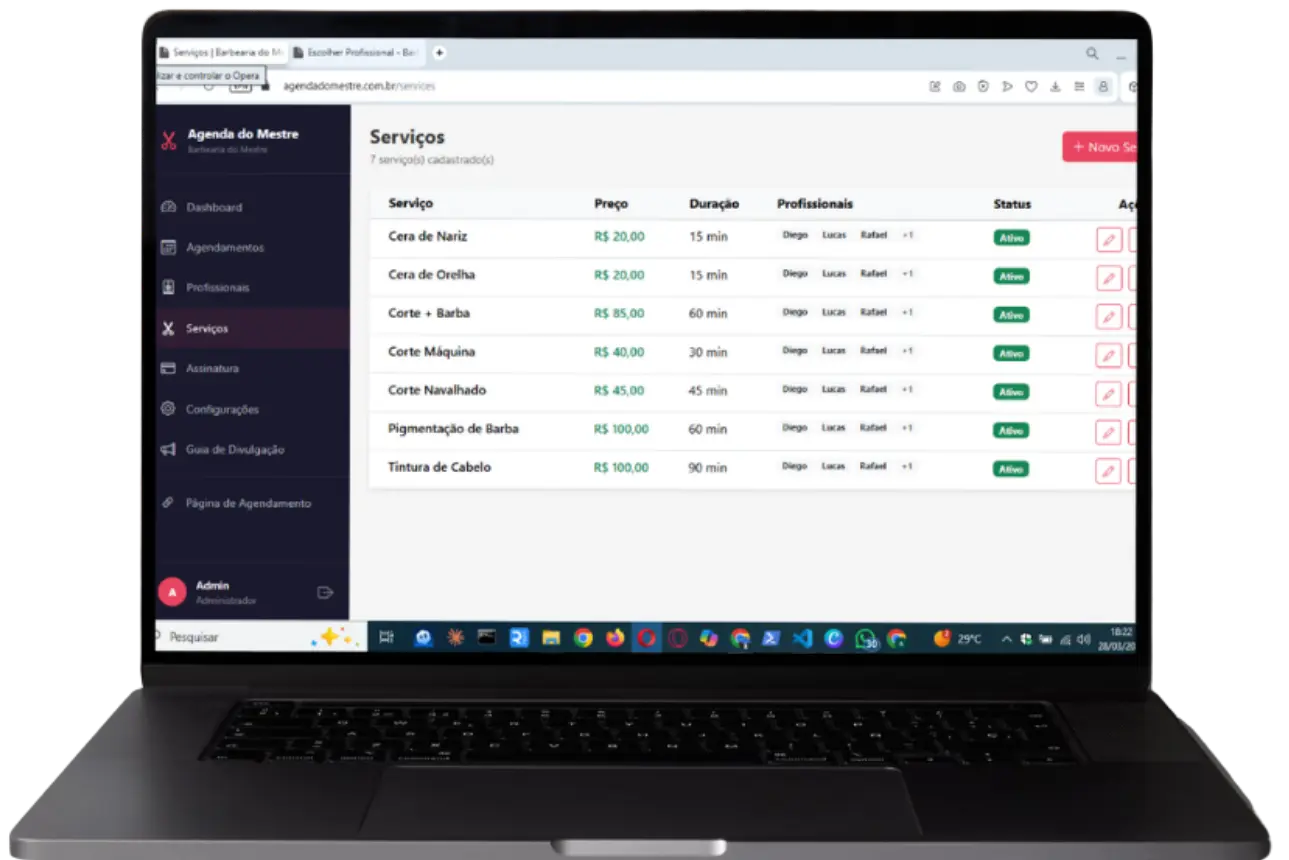Tela de gerenciamento de serviços